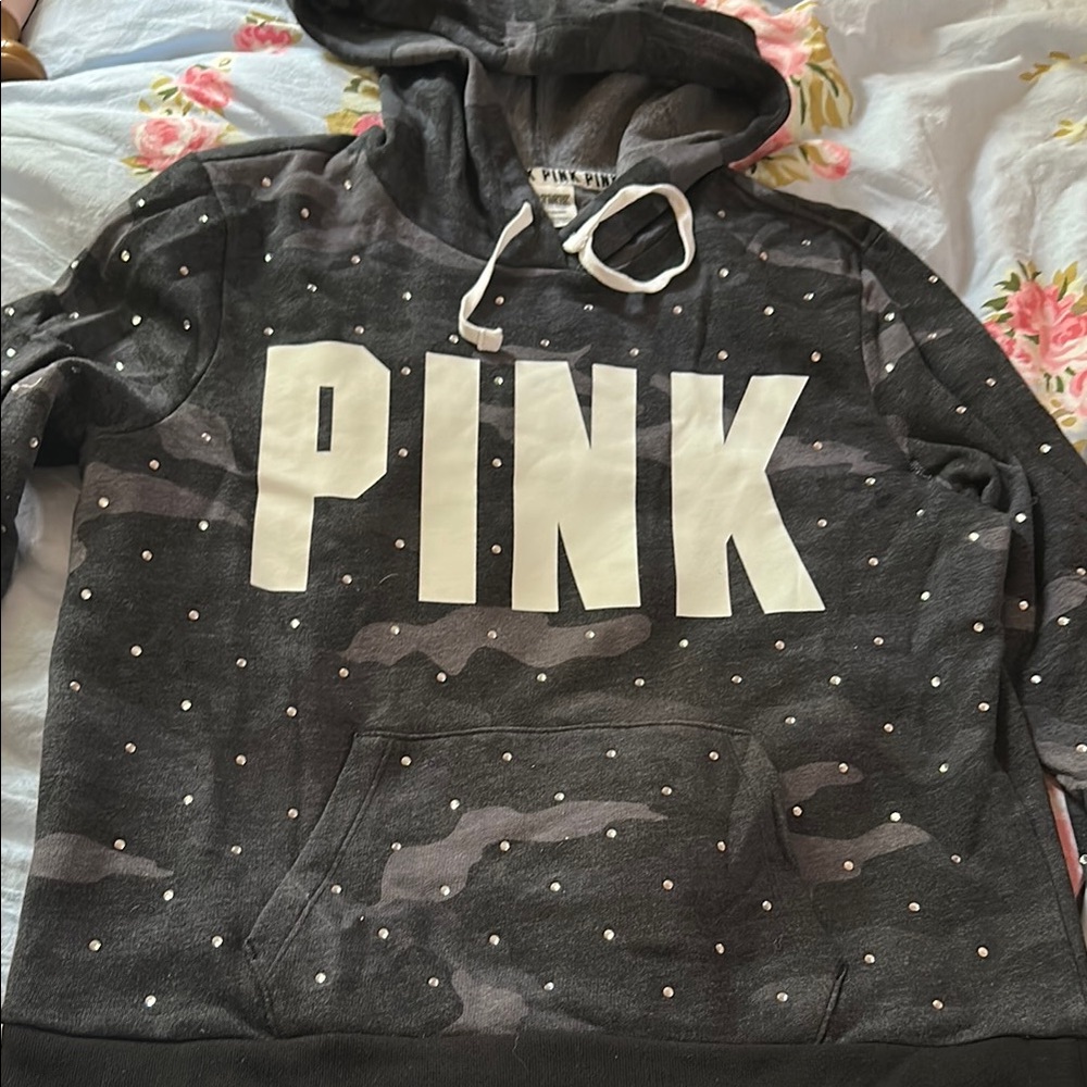PINK Gray Camouflage Hoodie with White rhinestones  SIZE L